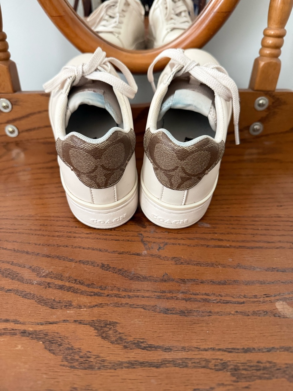 Coach Women’s Cream Sneakers with Brown Heart Heel